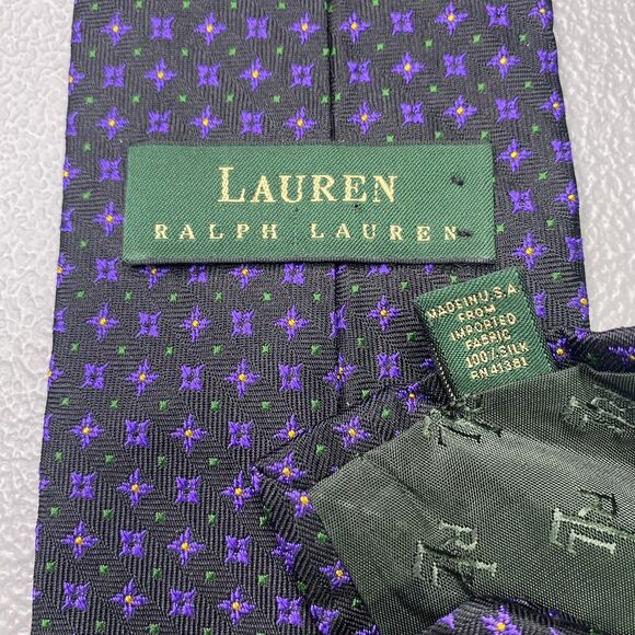 LAUREN RALPH LAUREN Mens Silk Tie Hand Finished Black Purple Geometric Made USA - Picture 2 of 6